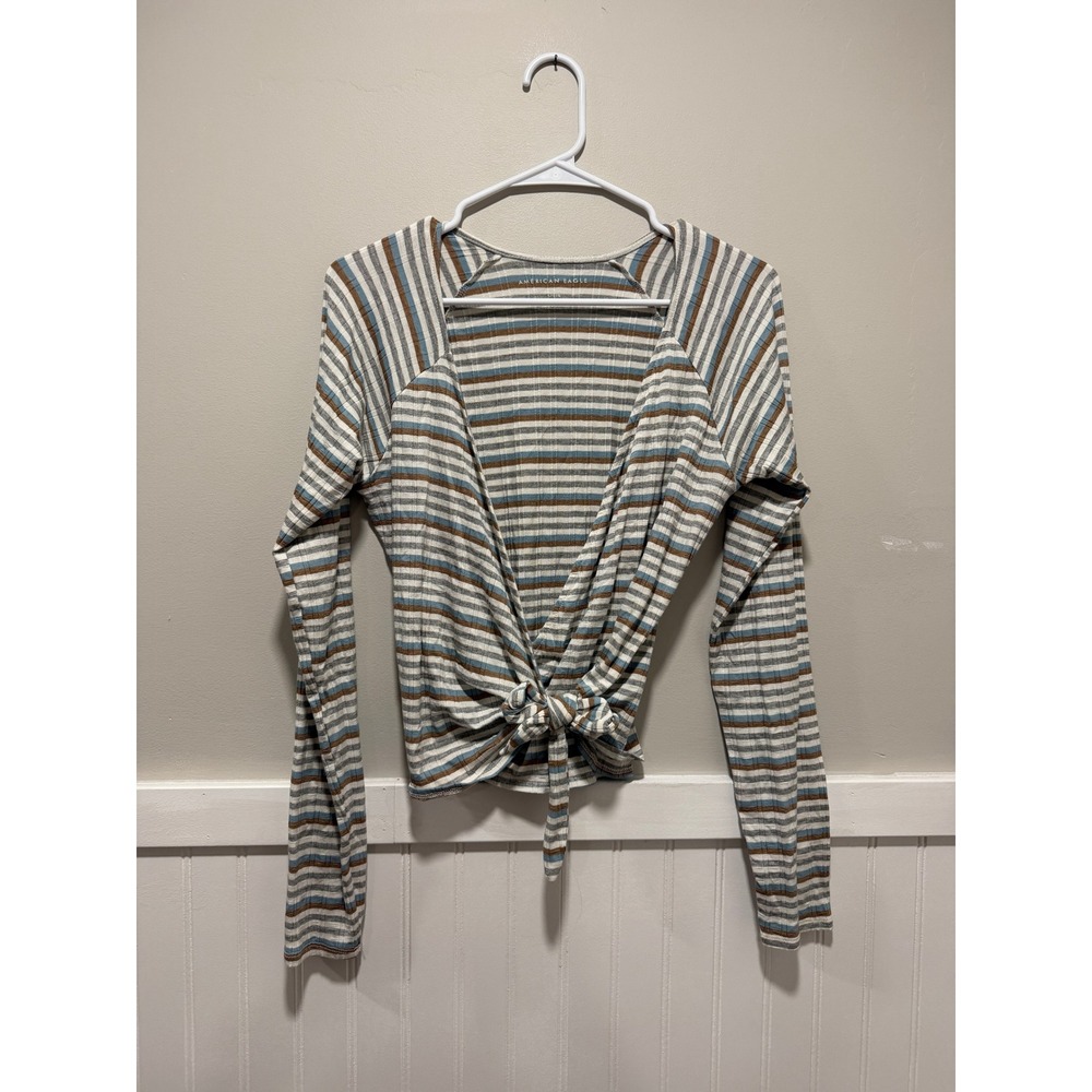 American Eagle Crop Tie Front V-neck Top Long Sleeve Stripes Boho Women Sz Large